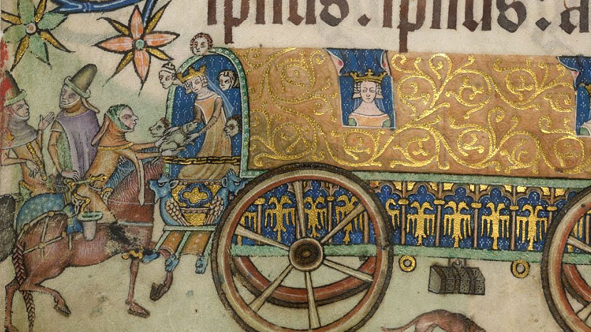Reisegesellschaft mit Gefolge, Miniatur in einem Psalter (ca. 1320-1340) British Library, Add MS 42130, fol. 181 v.